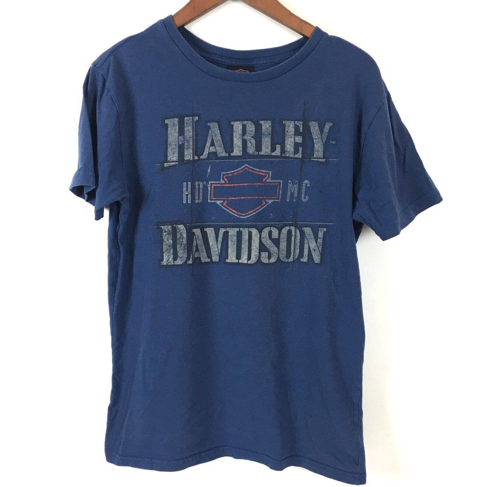 Harley Davidson Womens Graphic T Shirt Medium Blue Short Sleeve Back and Front